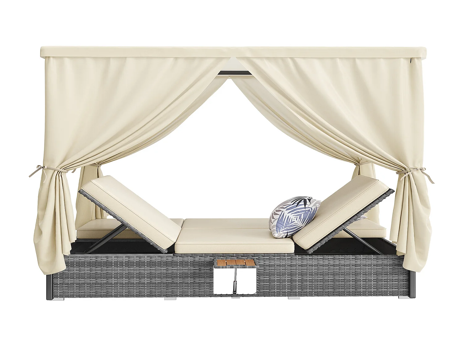 Gartenliege Doppelbett mit Schattenvorhang 187x128x186cm Outdoor Sonnenliege 2 Personen Rattanliege wetterfest Cremeweiß