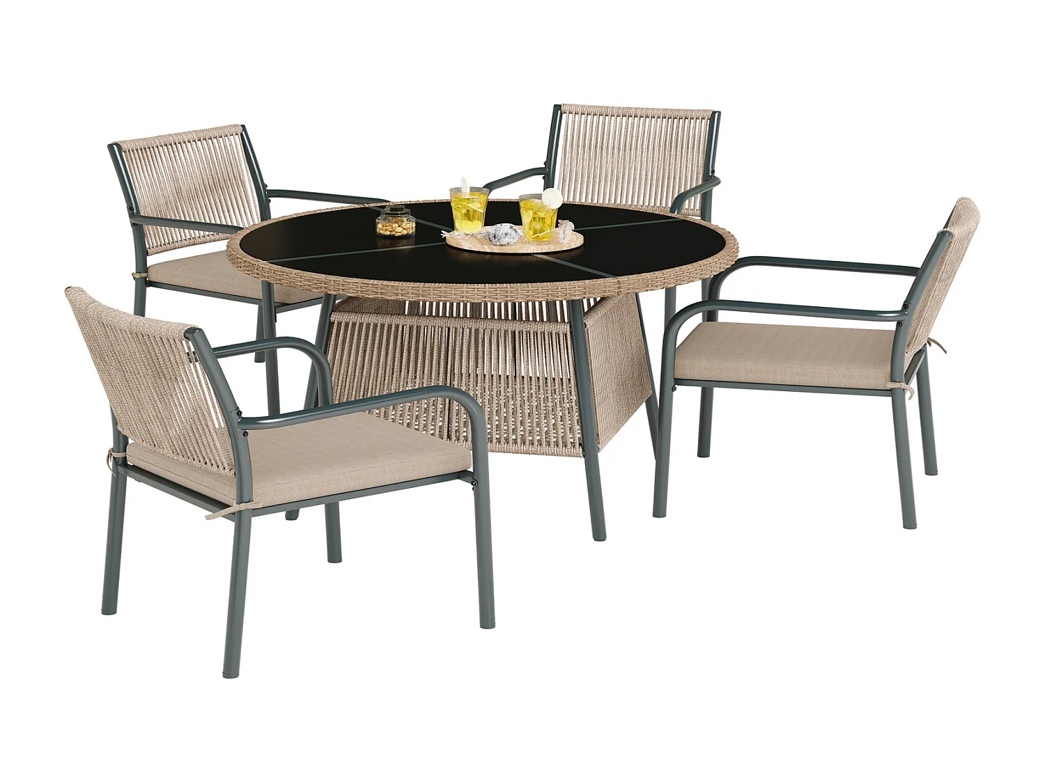 Gartenmöbel Set 4 Personen, 5-teilig, rund 110x74 cm, Rattan Essgruppe mit Glastisch, 4 Armlehnstühle