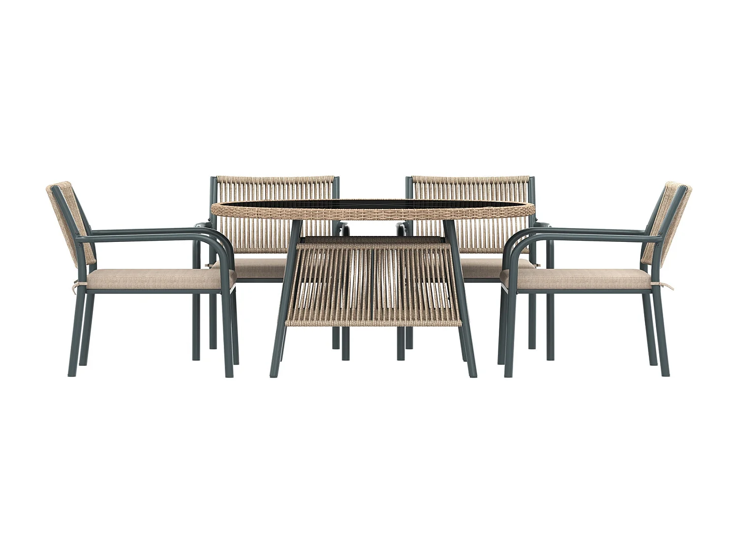Gartenmöbel Set 4 Personen, 5-teilig, rund 110x74 cm, Rattan Essgruppe mit Glastisch, 4 Armlehnstühle