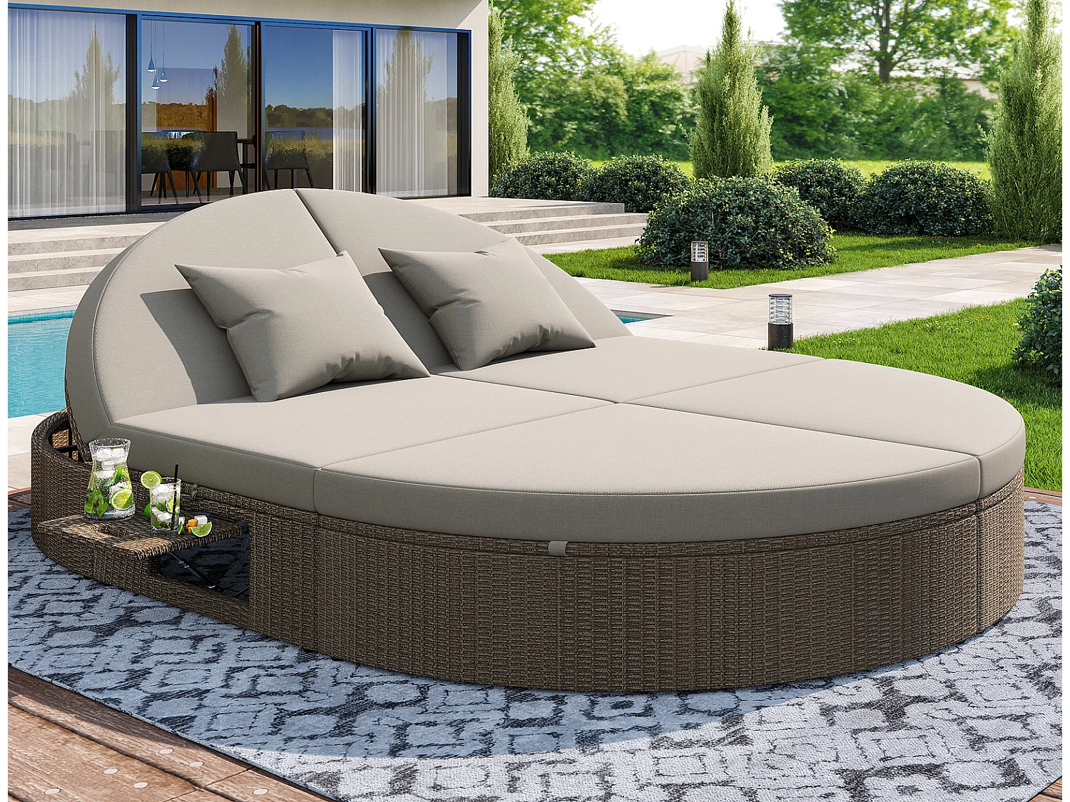 Rattan Doppelliege 200x140x42cm Outdoor Daybed mit Klapptisch und verstellbarer Rückenlehne Gartenliege 2 Personen Grau