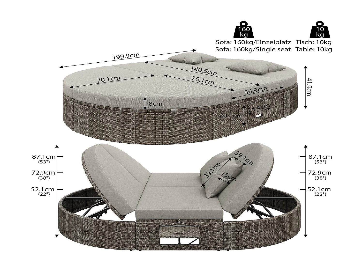 Rattan Doppelliege 200x140x42cm Outdoor Daybed mit Klapptisch und verstellbarer Rückenlehne Gartenliege 2 Personen Grau