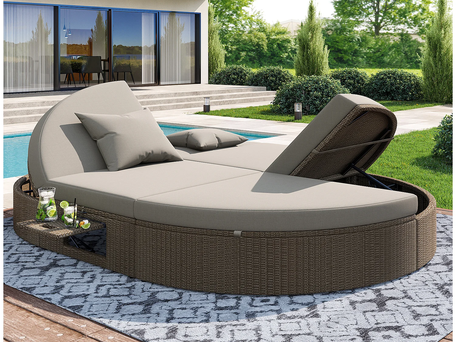 Rattan Doppelliege 200x140x42cm Outdoor Daybed mit Klapptisch und verstellbarer Rückenlehne Gartenliege 2 Personen Grau
