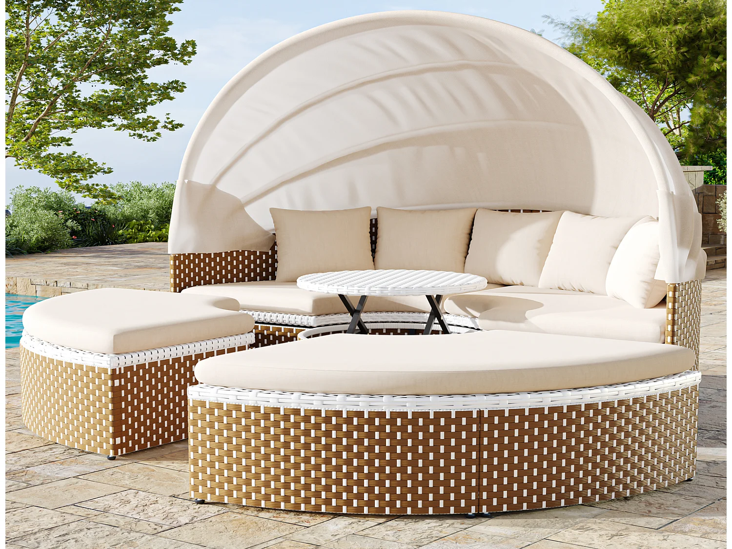 Sonneninsel Rattan Garten-Lounge-Sessel-Set beige mit ausziehbarem Baldachin, anhebbarer Tischplatte, inklusive Kissen