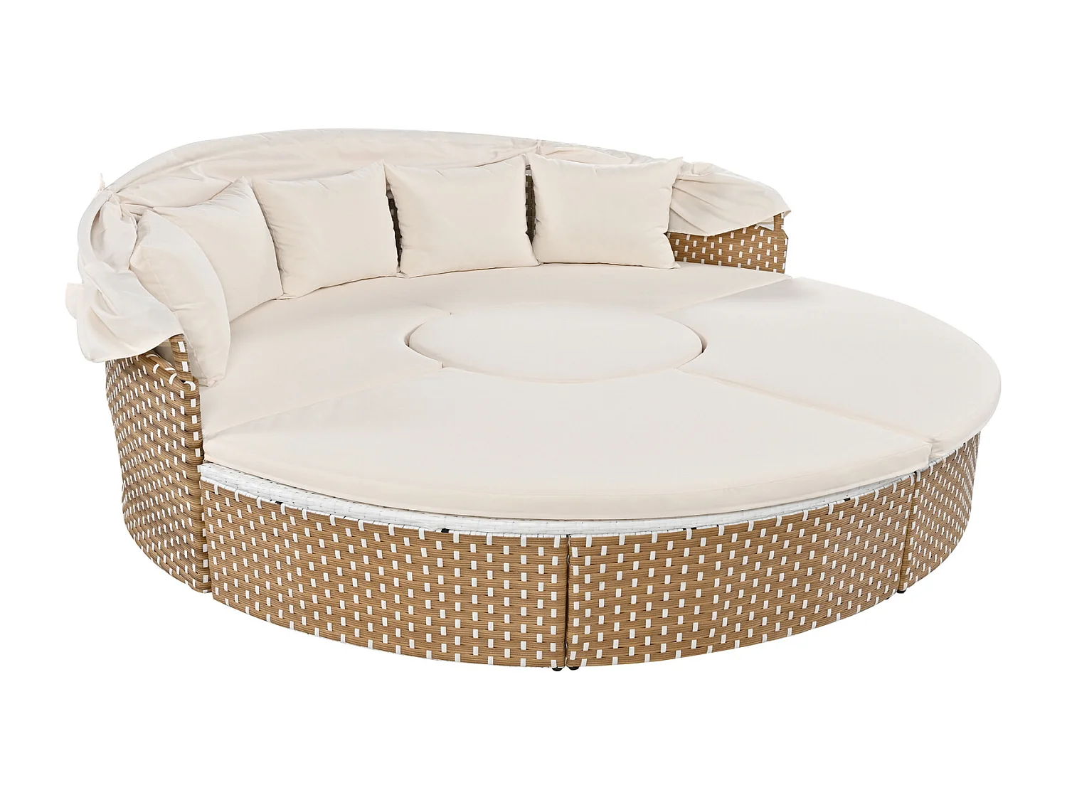 Sonneninsel Rattan Garten-Lounge-Sessel-Set beige mit ausziehbarem Baldachin, anhebbarer Tischplatte, inklusive Kissen