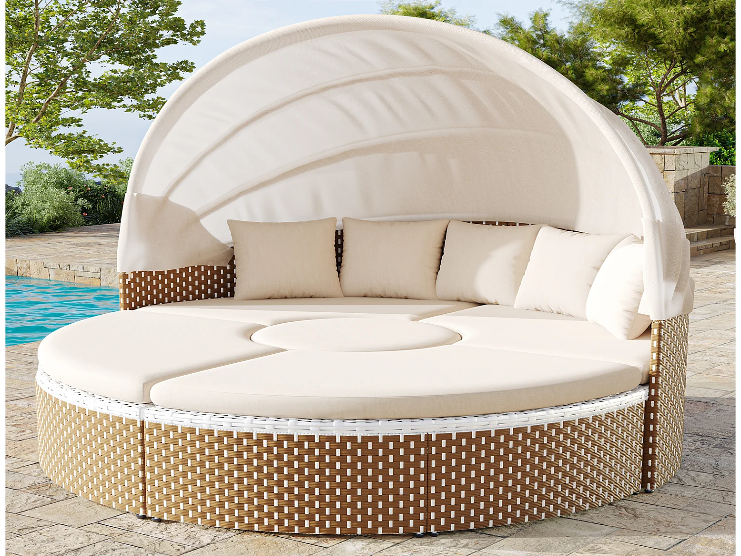 Sonneninsel Rattan Garten-Lounge-Sessel-Set beige mit ausziehbarem Baldachin, anhebbarer Tischplatte, inklusive Kissen
