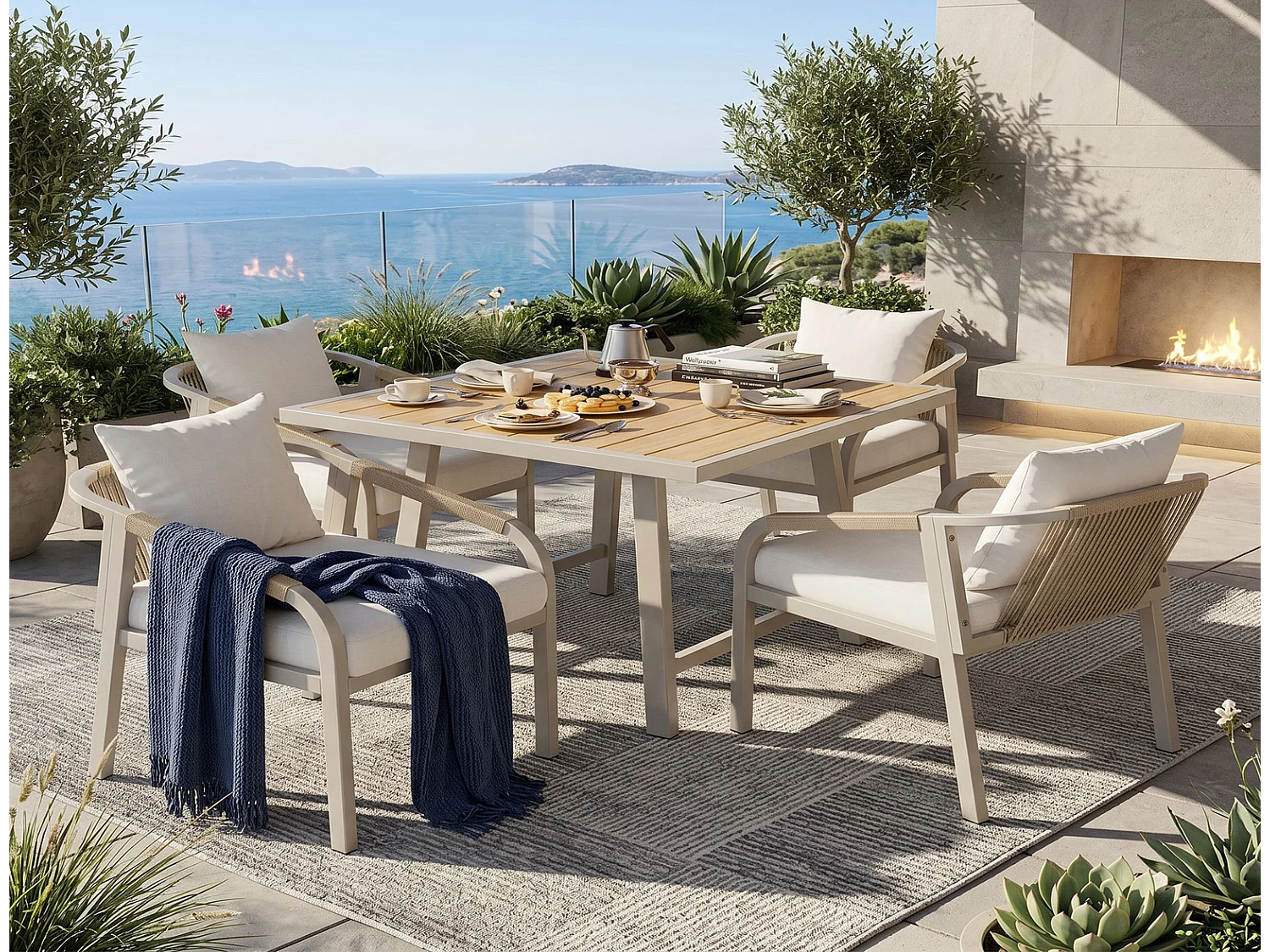 Garten-Essgruppe 4 Personen, Gartenmöbel-Set mit Tisch und 4 Stühlen, 80x80x76,5 cm, Khaki Beige