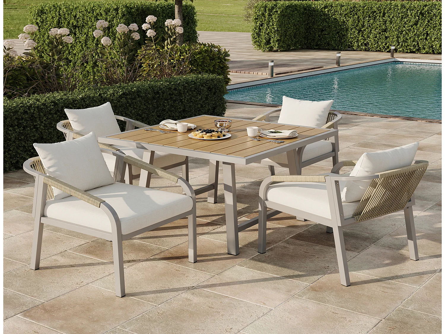 Garten-Essgruppe 4 Personen, Gartenmöbel-Set mit Tisch und 4 Stühlen, 80x80x76,5 cm, Khaki Beige