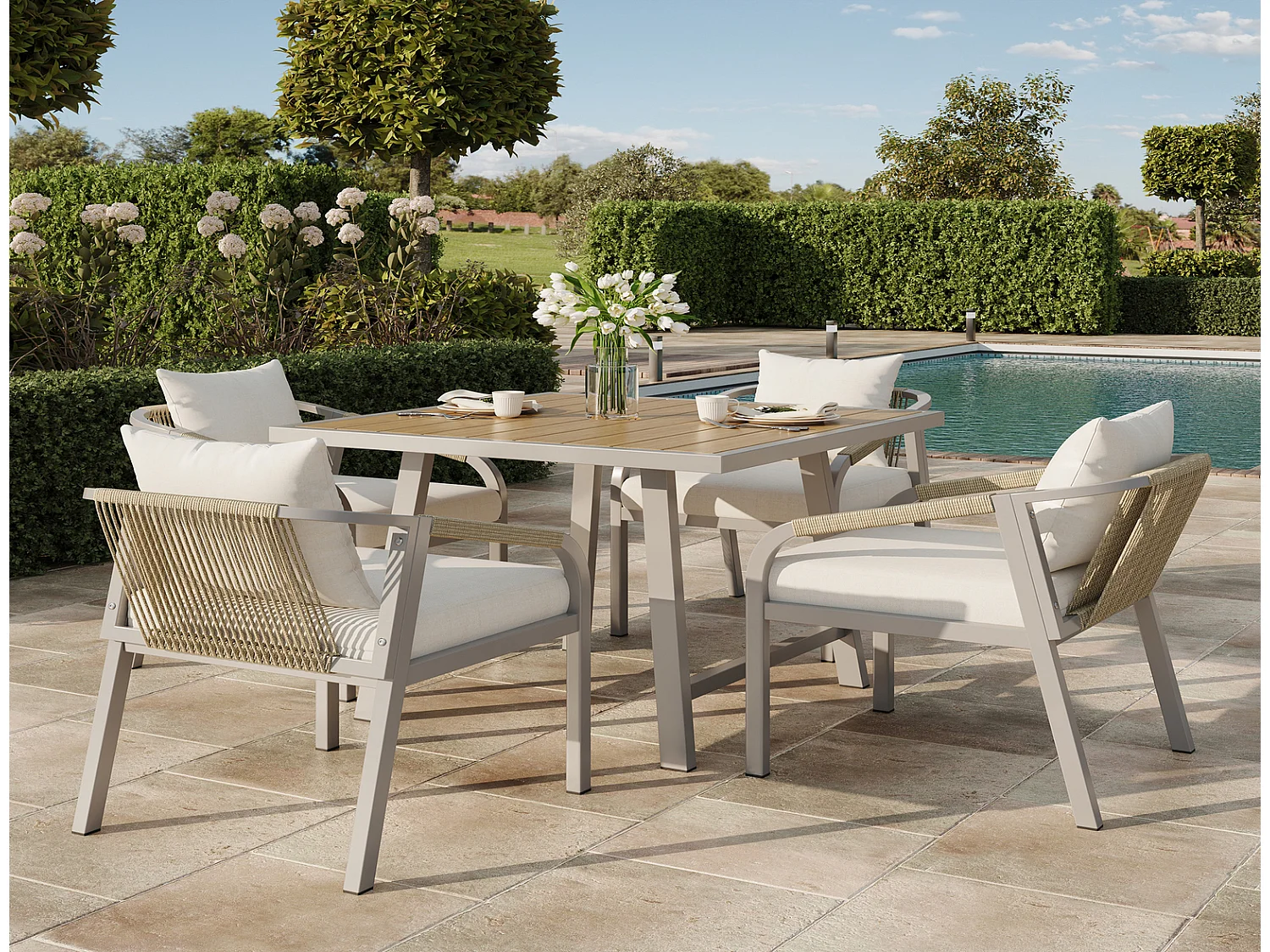Garten-Essgruppe 4 Personen, Gartenmöbel-Set mit Tisch und 4 Stühlen, 80x80x76,5 cm, Khaki Beige
