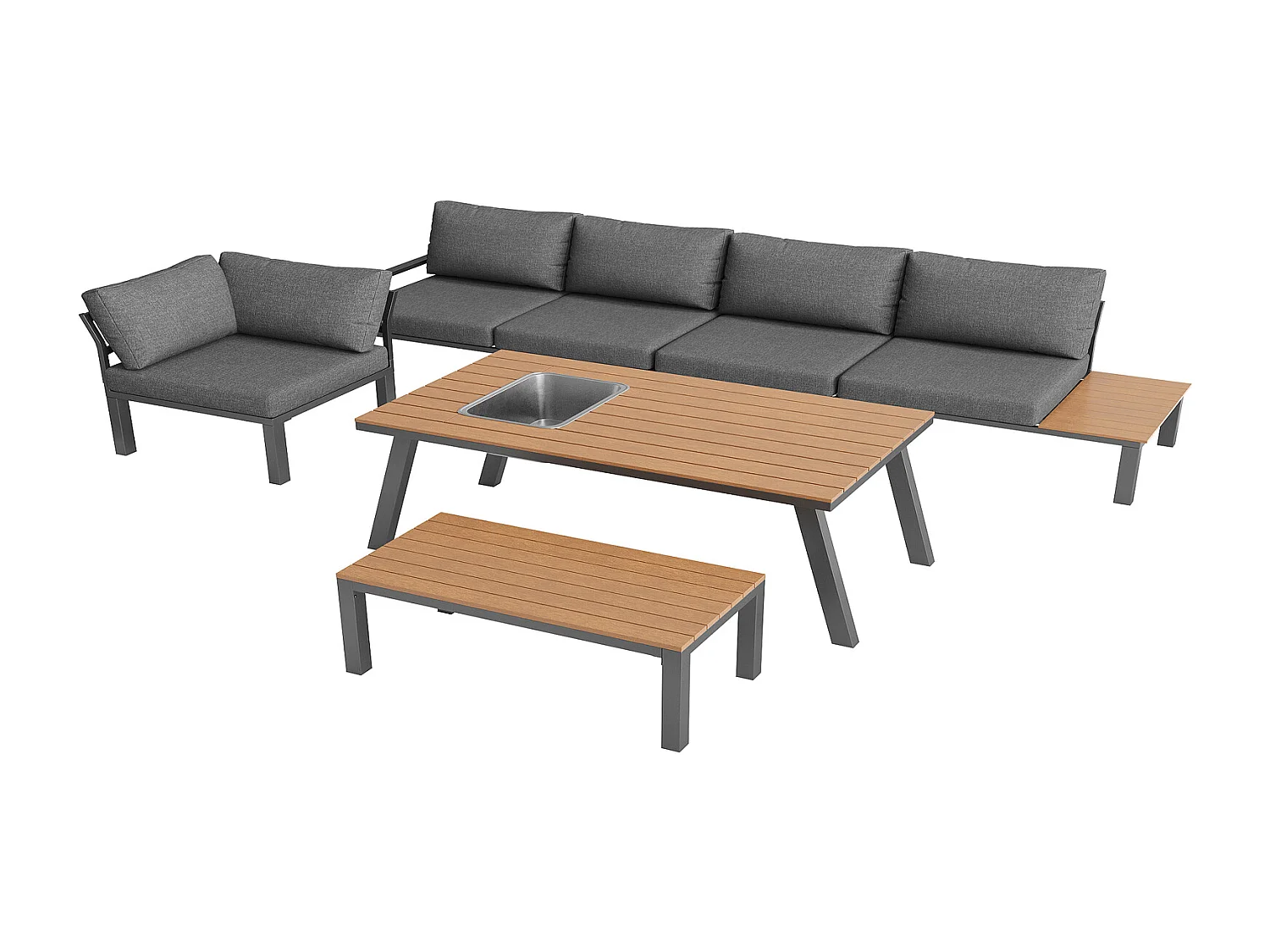 Gartenmöbel Set 6 Personen mit Eiskübel-Tisch, wetterfeste Essgruppe Garten für Terrasse Balkon, 147x60x65 cm