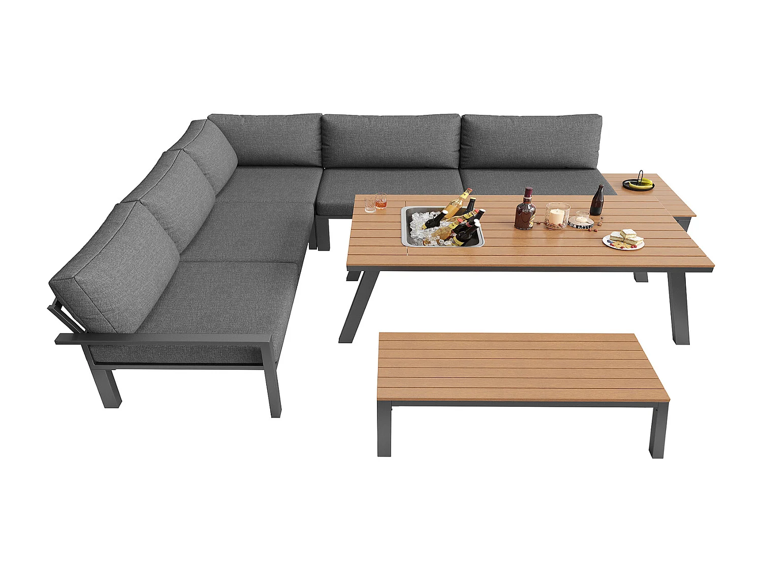 Gartenmöbel Set 6 Personen mit Eiskübel-Tisch, wetterfeste Essgruppe Garten für Terrasse Balkon, 147x60x65 cm