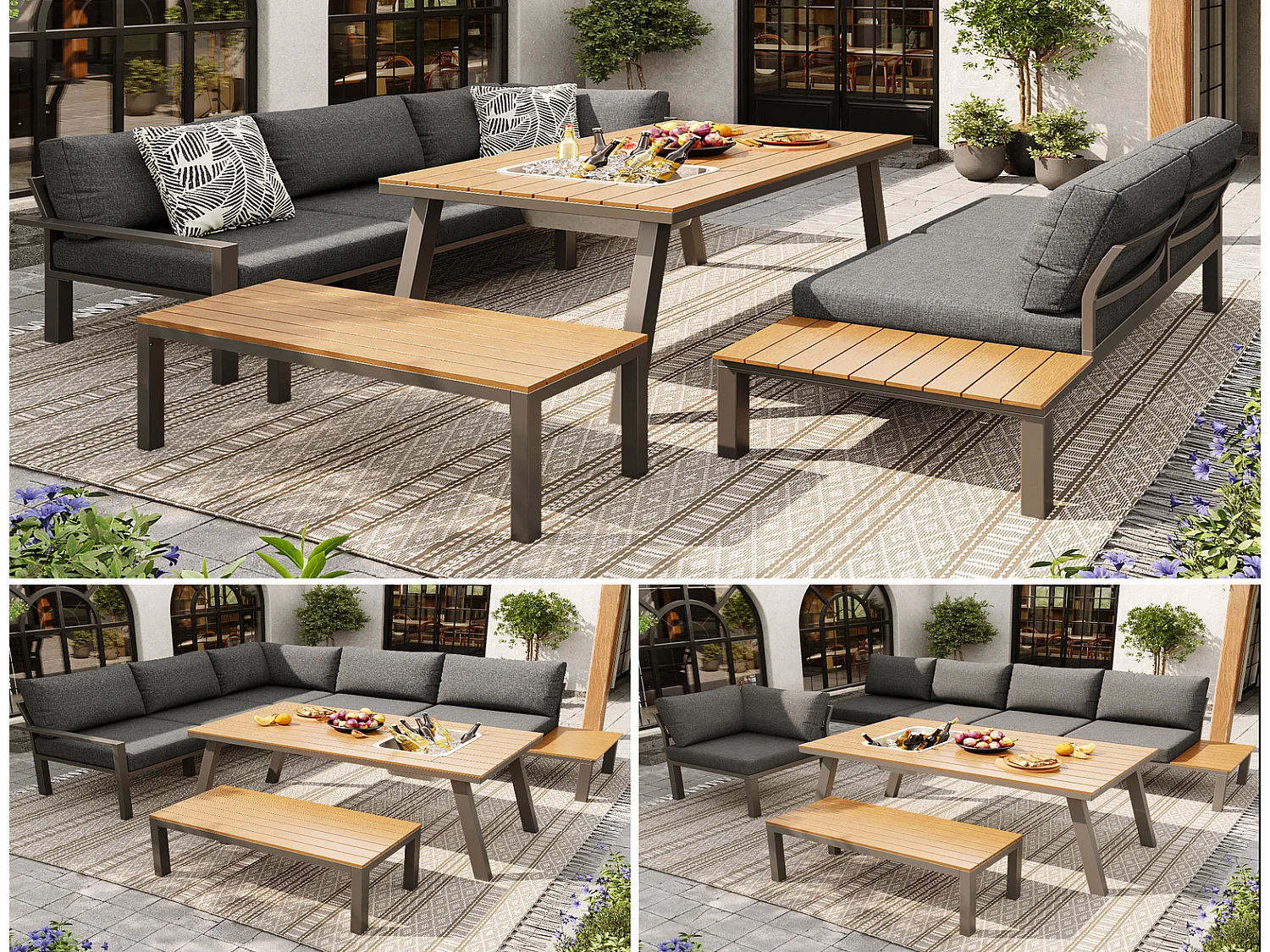 Gartenmöbel Set 6 Personen mit Eiskübel-Tisch, wetterfeste Essgruppe Garten für Terrasse Balkon, 147x60x65 cm