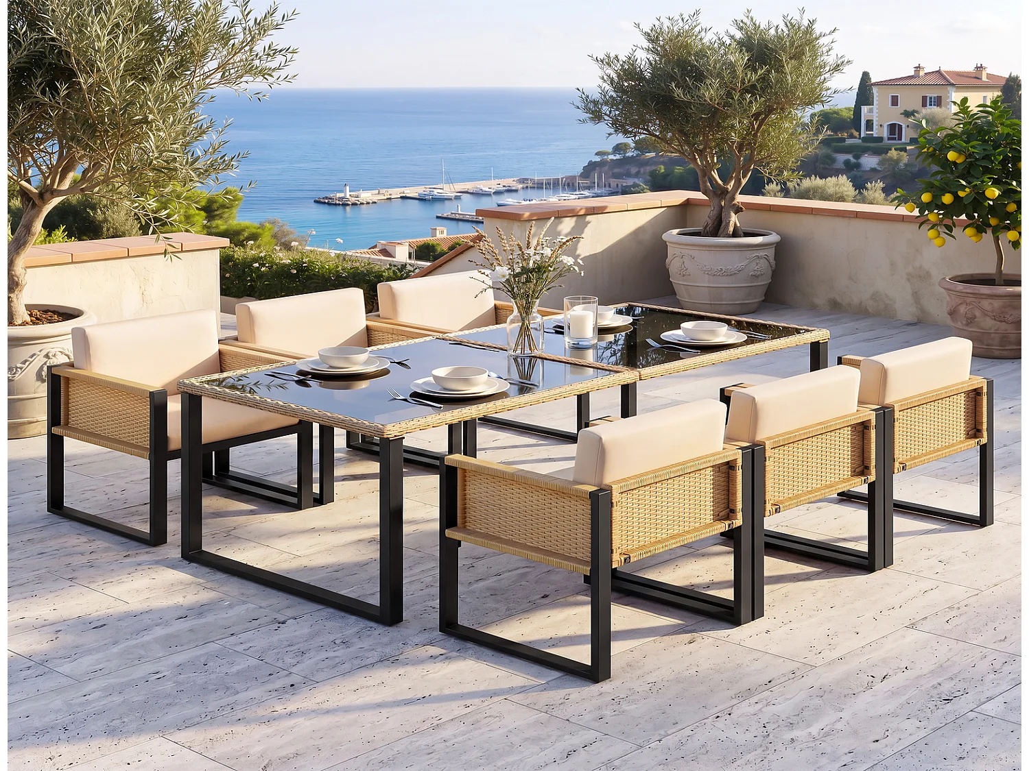 Polyrattan Essgruppe 6 Personen 170x80 cm, Garten-Essgruppe mit Glastisch, Sesseln, waschbaren Bezügen