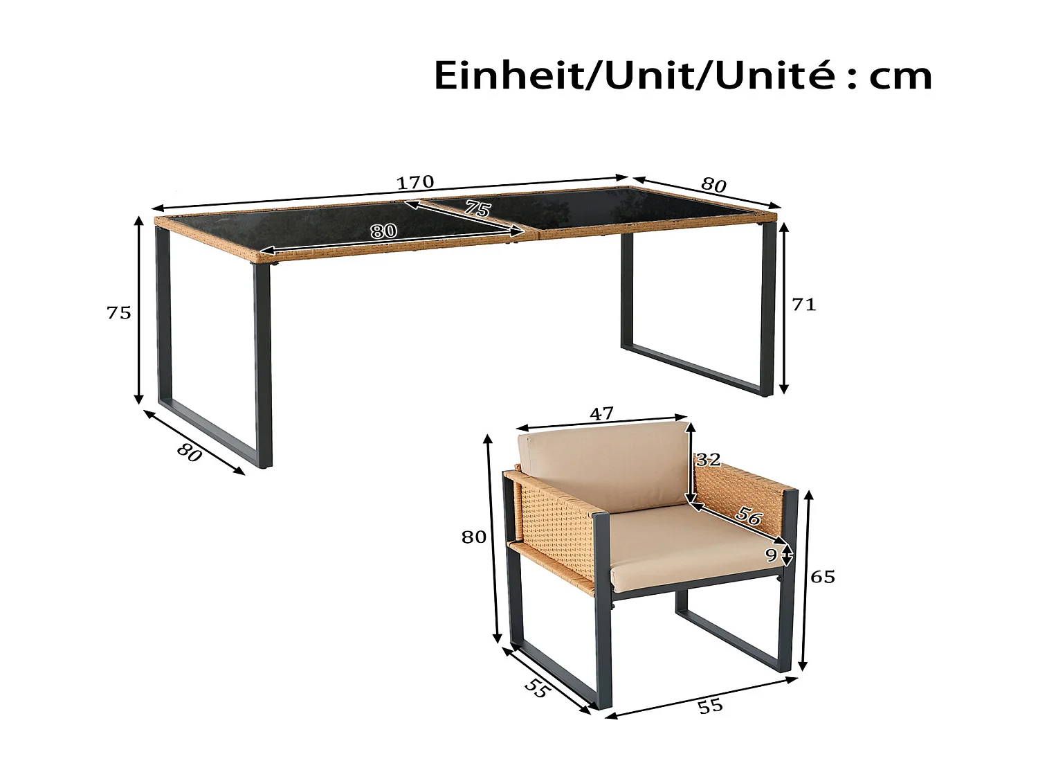 Polyrattan Essgruppe 6 Personen 170x80 cm, Garten-Essgruppe mit Glastisch, Sesseln, waschbaren Bezügen