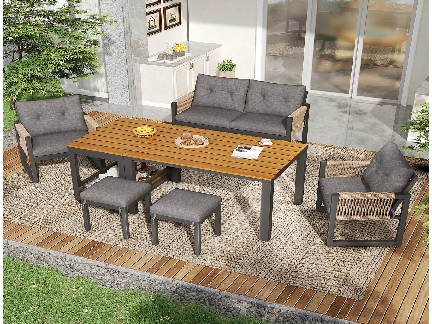 Gartenmöbel Set grau 150x79,5x75 cm mit Tisch, 2 Sesseln, 2-Sitzer, 2 Hockern, Kissen, Terrassenmöbel Set