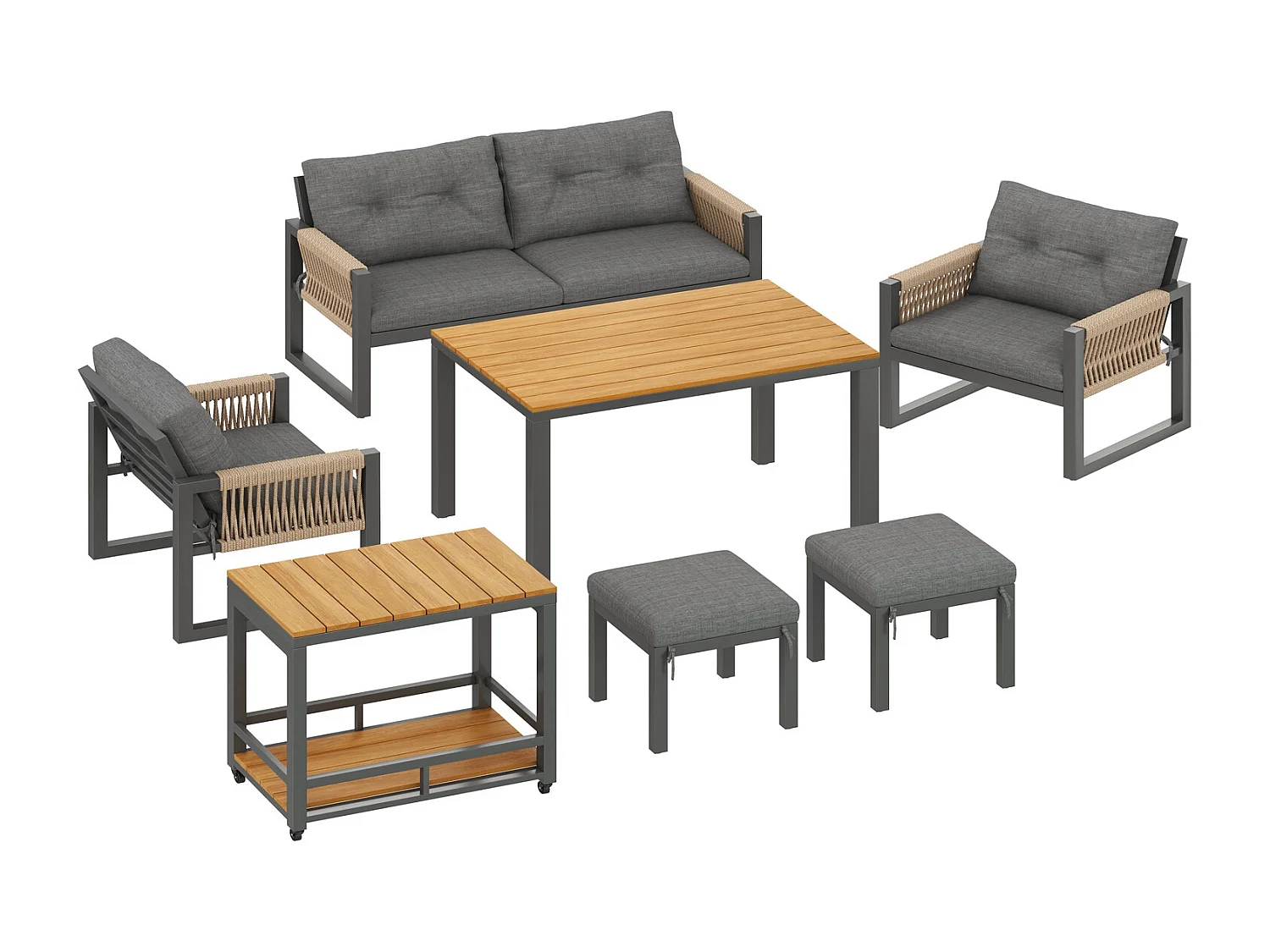 Gartenmöbel Set grau 150x79,5x75 cm mit Tisch, 2 Sesseln, 2-Sitzer, 2 Hockern, Kissen, Terrassenmöbel Set