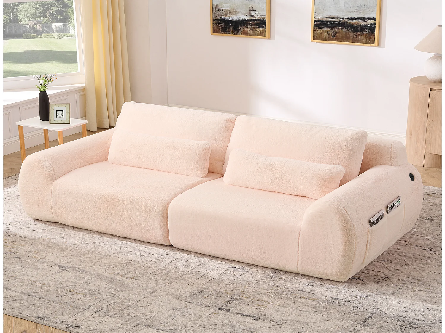 2-Sitzer Sofa Pink Plüschsofa mit USB-Anschluss & Seitentasche, Kompaktes Kunstfell Loveseat für kleine Räume, 140cm