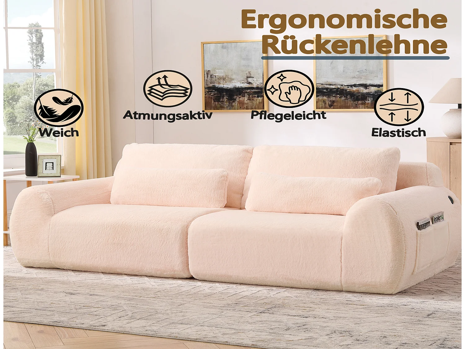 2-Sitzer Sofa Pink Plüschsofa mit USB-Anschluss & Seitentasche, Kompaktes Kunstfell Loveseat für kleine Räume, 140cm