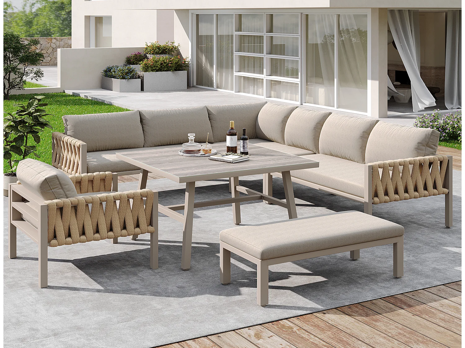 Gartenmöbelset Lounge 5-teilig, Loungegruppe Garten beige mit Ecksofa, Glastisch 80x80 cm, Kissen