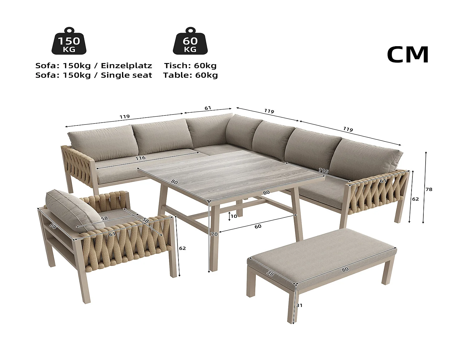 Gartenmöbelset Lounge 5-teilig, Loungegruppe Garten beige mit Ecksofa, Glastisch 80x80 cm, Kissen