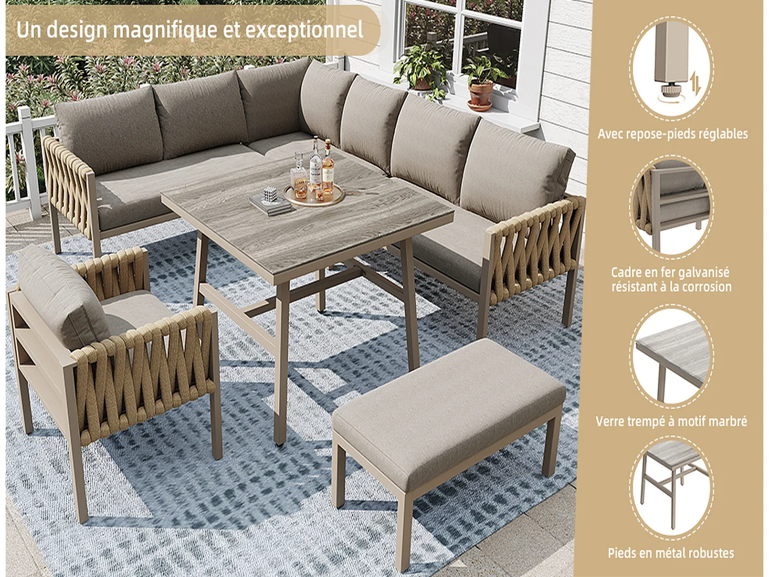 Gartenmöbelset Lounge 5-teilig, Loungegruppe Garten beige mit Ecksofa, Glastisch 80x80 cm, Kissen