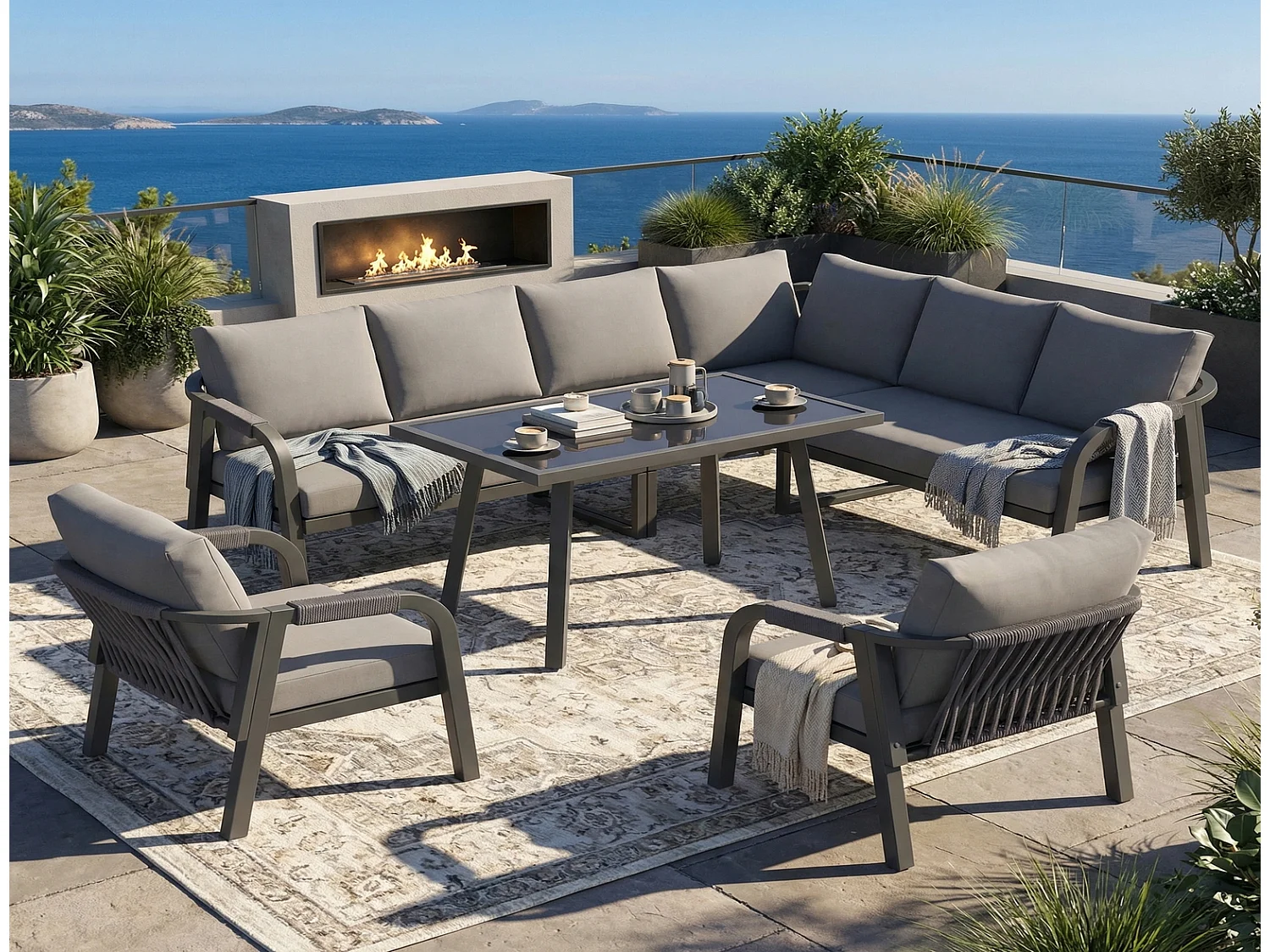 Garten Essgruppe grau mit Ecksofa, Esstisch und 2 Sesseln für 8 Personen, Gartenmöbel-Set 240x183x83 cm