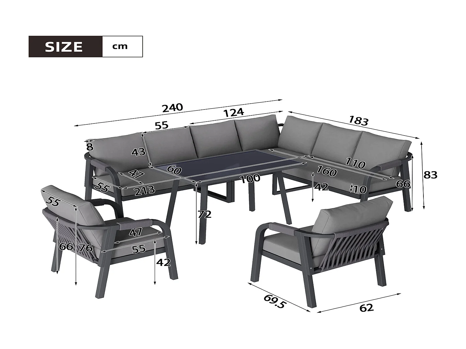Garten Essgruppe grau mit Ecksofa, Esstisch und 2 Sesseln für 8 Personen, Gartenmöbel-Set 240x183x83 cm