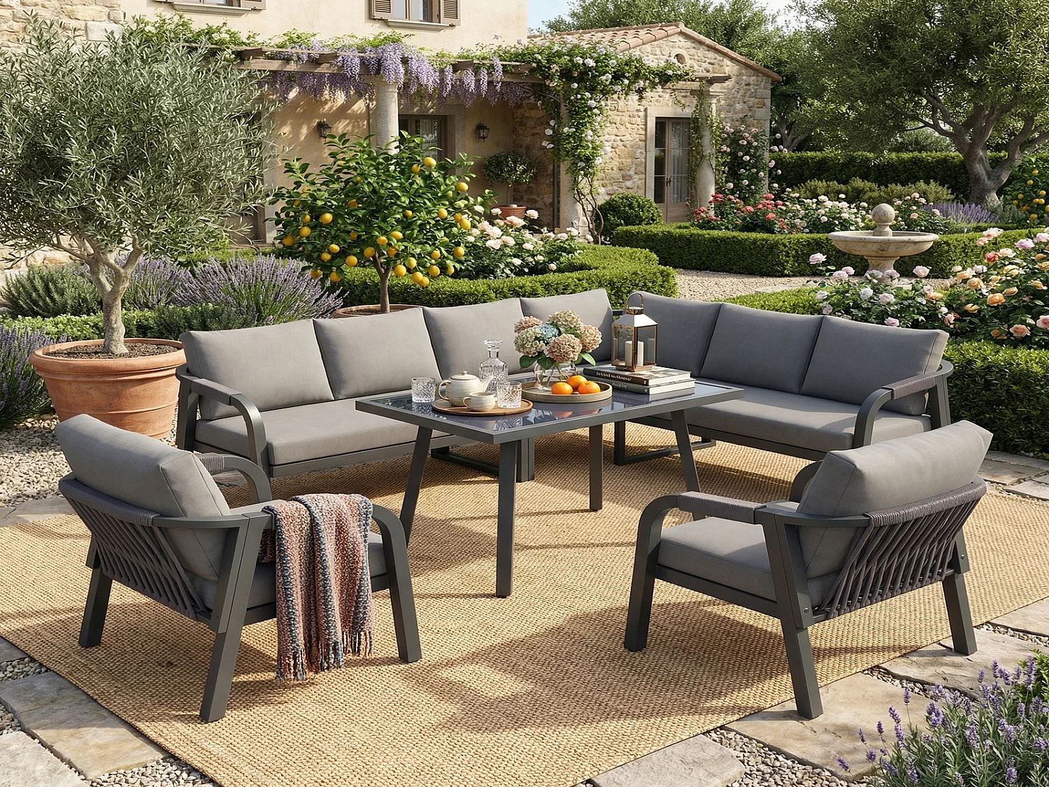 Garten Essgruppe grau mit Ecksofa, Esstisch und 2 Sesseln für 8 Personen, Gartenmöbel-Set 240x183x83 cm