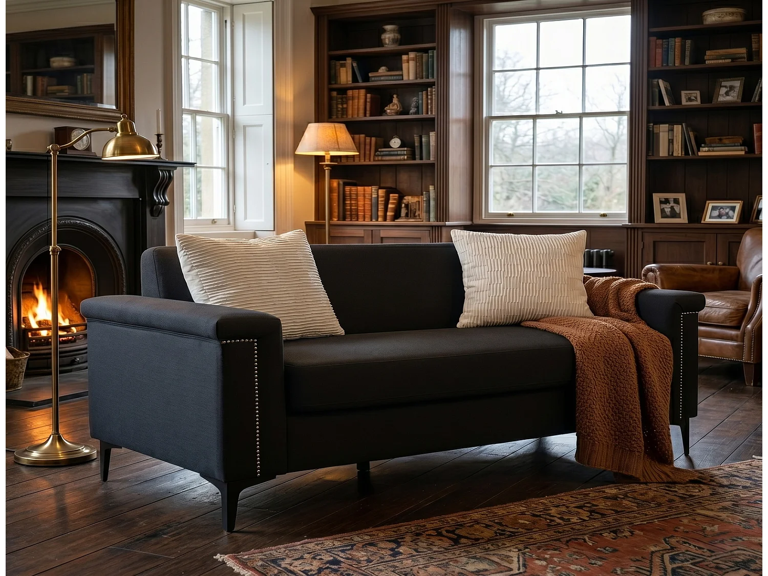 Nordisches 2-Sitzer-Sofa Leinensofa mit Taschenfederkern & Metallfüßen, Couch für Wohnzimmer 174x72x82cm