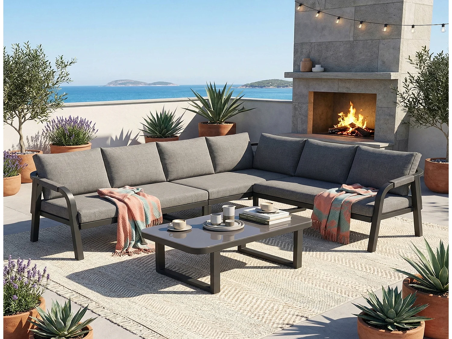 Gartenmöbel Set Ecksofa 6 Personen Grau mit Couchtisch, Gartenlounge Set in Eckstellung, Stahlgestell 240x183x83 cm