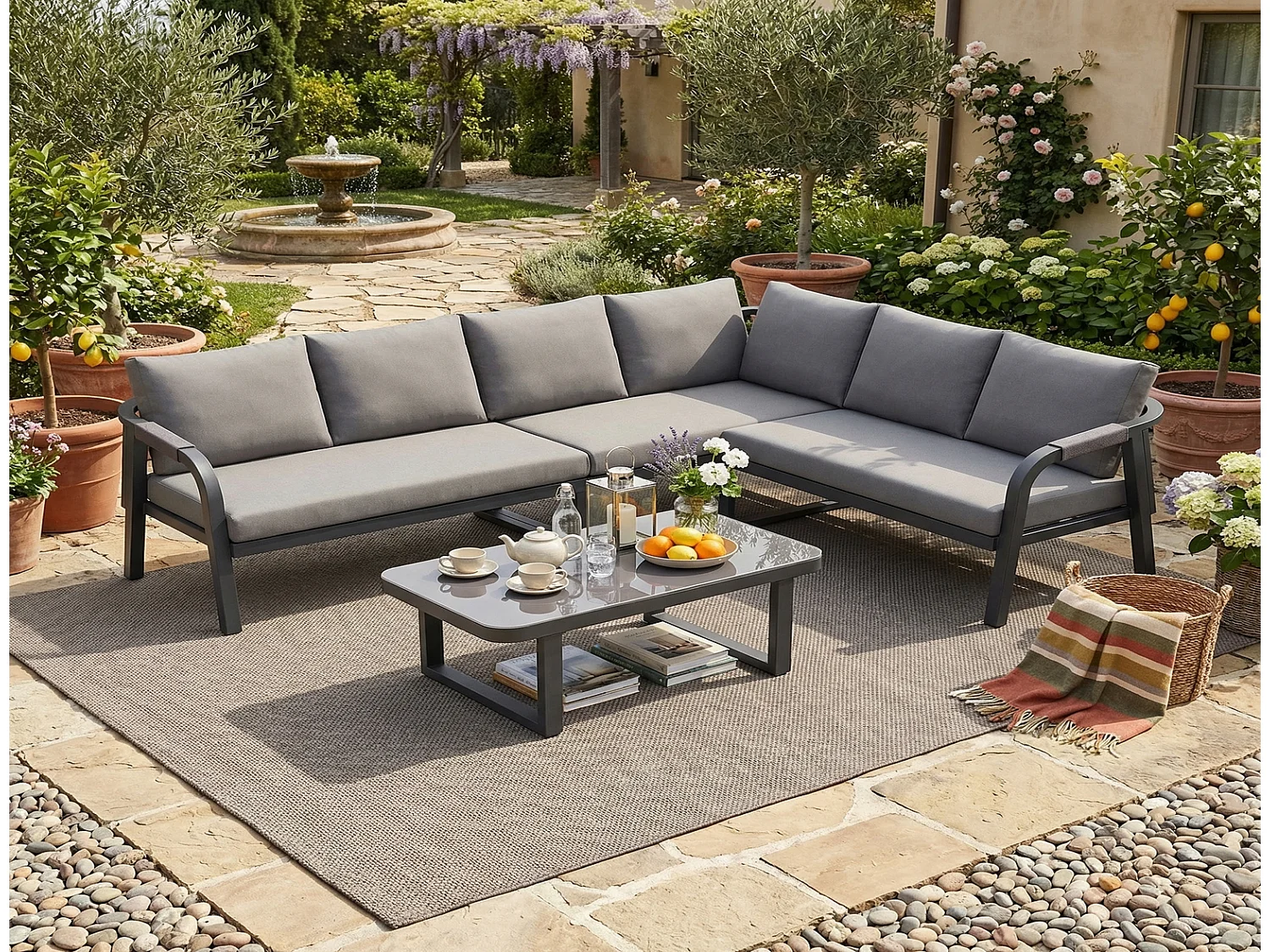 Gartenmöbel Set Ecksofa 6 Personen Grau mit Couchtisch, Gartenlounge Set in Eckstellung, Stahlgestell 240x183x83 cm
