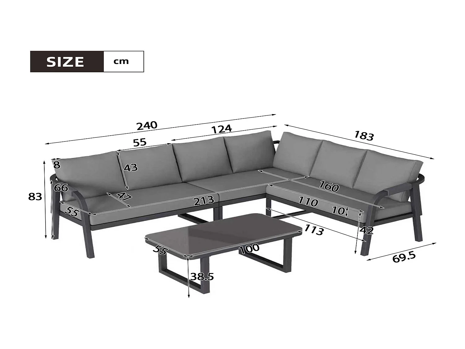 Gartenmöbel Set Ecksofa 6 Personen Grau mit Couchtisch, Gartenlounge Set in Eckstellung, Stahlgestell 240x183x83 cm