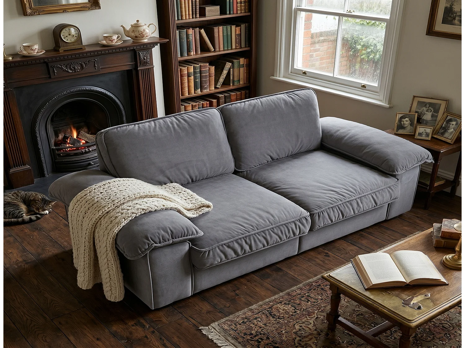 Modernes Sofa Grau mit Stauraum Taschenfederkern Kurzplüsch Couch 220x90x85 cm