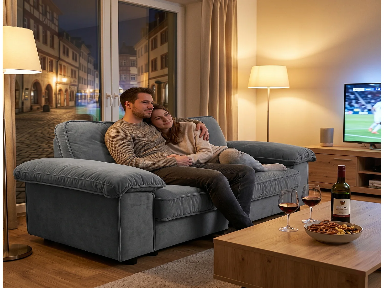 Modernes Sofa Grau mit Stauraum Taschenfederkern Kurzplüsch Couch 220x90x85 cm