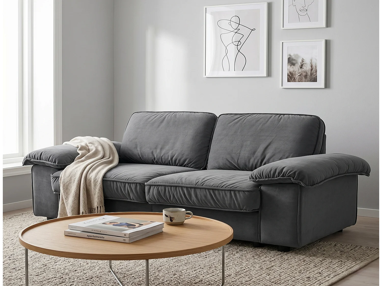 Modernes Sofa Grau mit Stauraum Taschenfederkern Kurzplüsch Couch 220x90x85 cm
