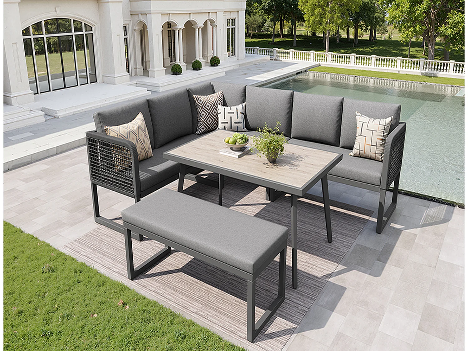 Gartenmöbel Set 6-8 Personen Grau, Polyrattan Lounge Set mit Tisch & Bank, wetterfest, 121,5x61x77 cm