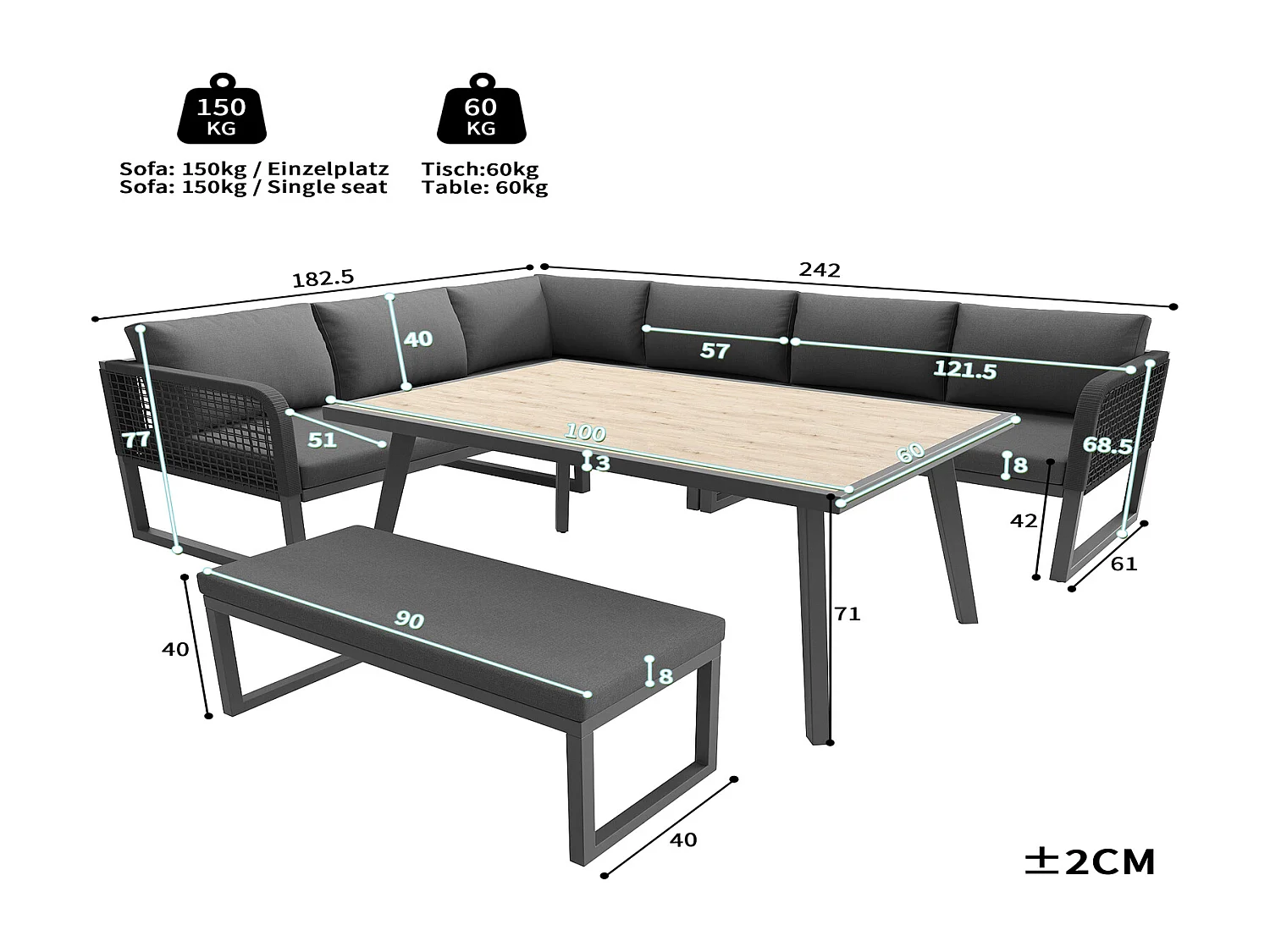 Gartenmöbel Set 6-8 Personen Grau, Polyrattan Lounge Set mit Tisch & Bank, wetterfest, 121,5x61x77 cm