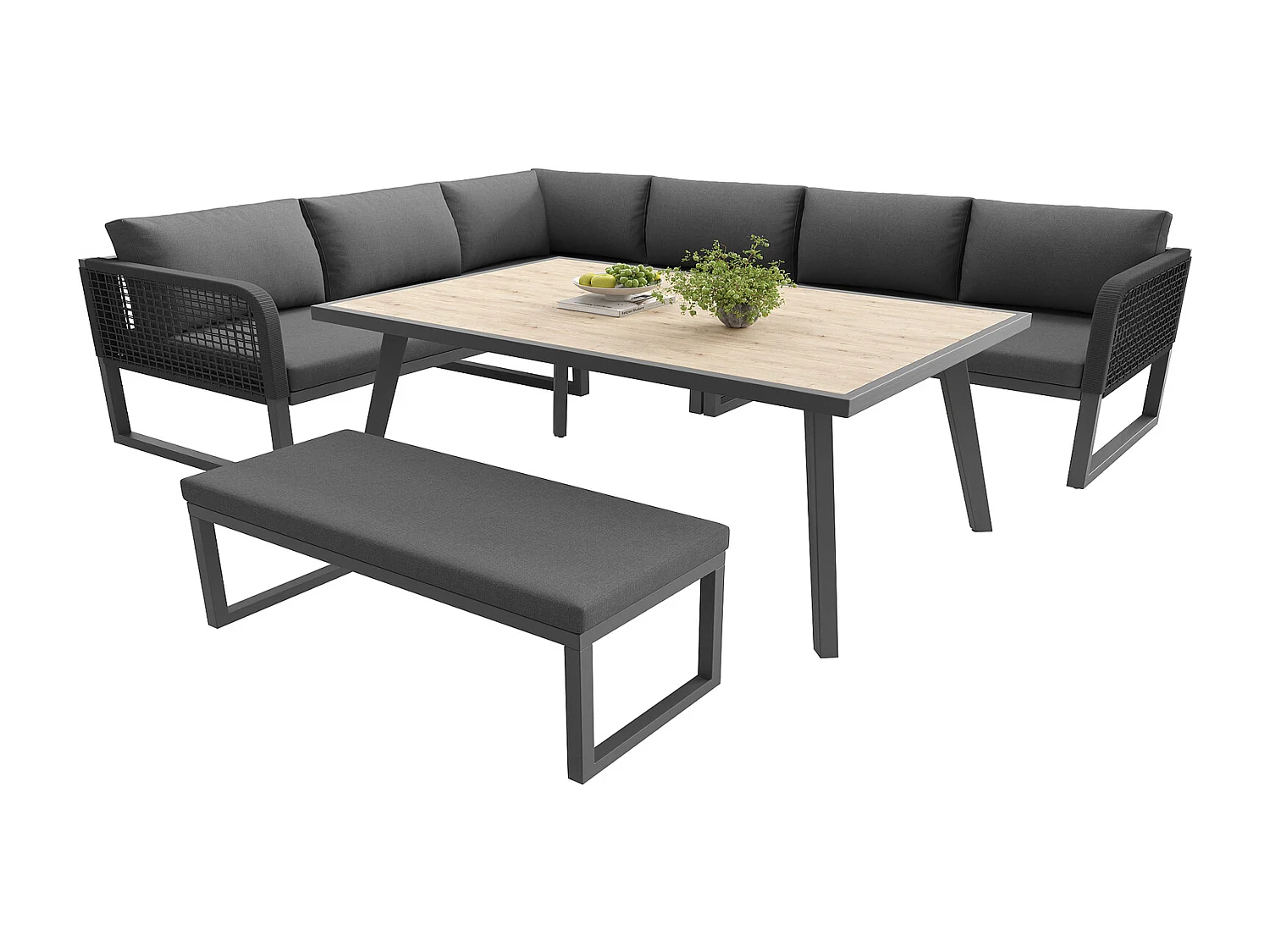 Gartenmöbel Set 6-8 Personen Grau, Polyrattan Lounge Set mit Tisch & Bank, wetterfest, 121,5x61x77 cm