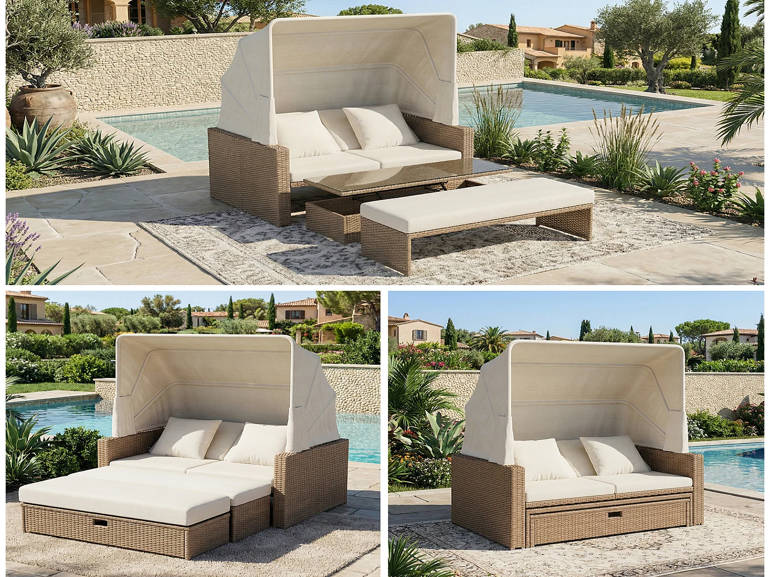 Gartenlounge mit Markise Polyrattan Gartenmöbel Set 2-4 Personen, Gartensofa mit Couchtisch, 136x94x142 cm, Khaki