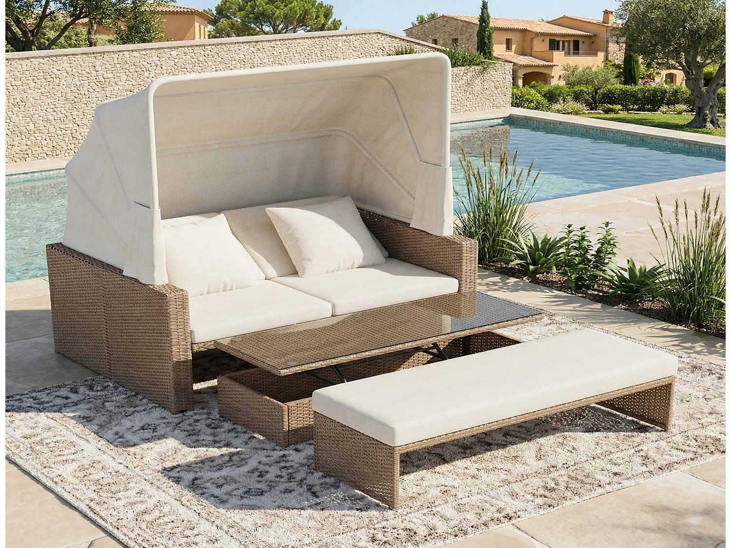 Gartenlounge mit Markise Polyrattan Gartenmöbel Set 2-4 Personen, Gartensofa mit Couchtisch, 136x94x142 cm, Khaki