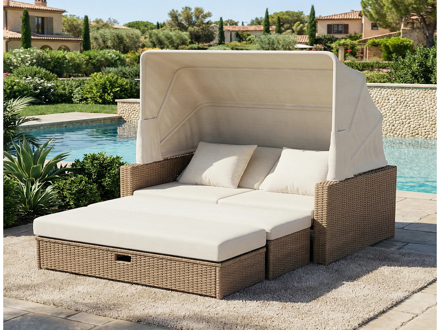 Gartenlounge mit Markise Polyrattan Gartenmöbel Set 2-4 Personen, Gartensofa mit Couchtisch, 136x94x142 cm, Khaki