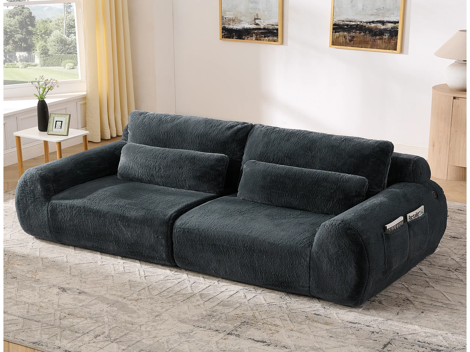 2-Sitzer Sofa grau Kunstfell Loveseat mit USB & Tasche, Kompaktes Sofa für kleines Wohnzimmer 150x85x80cm