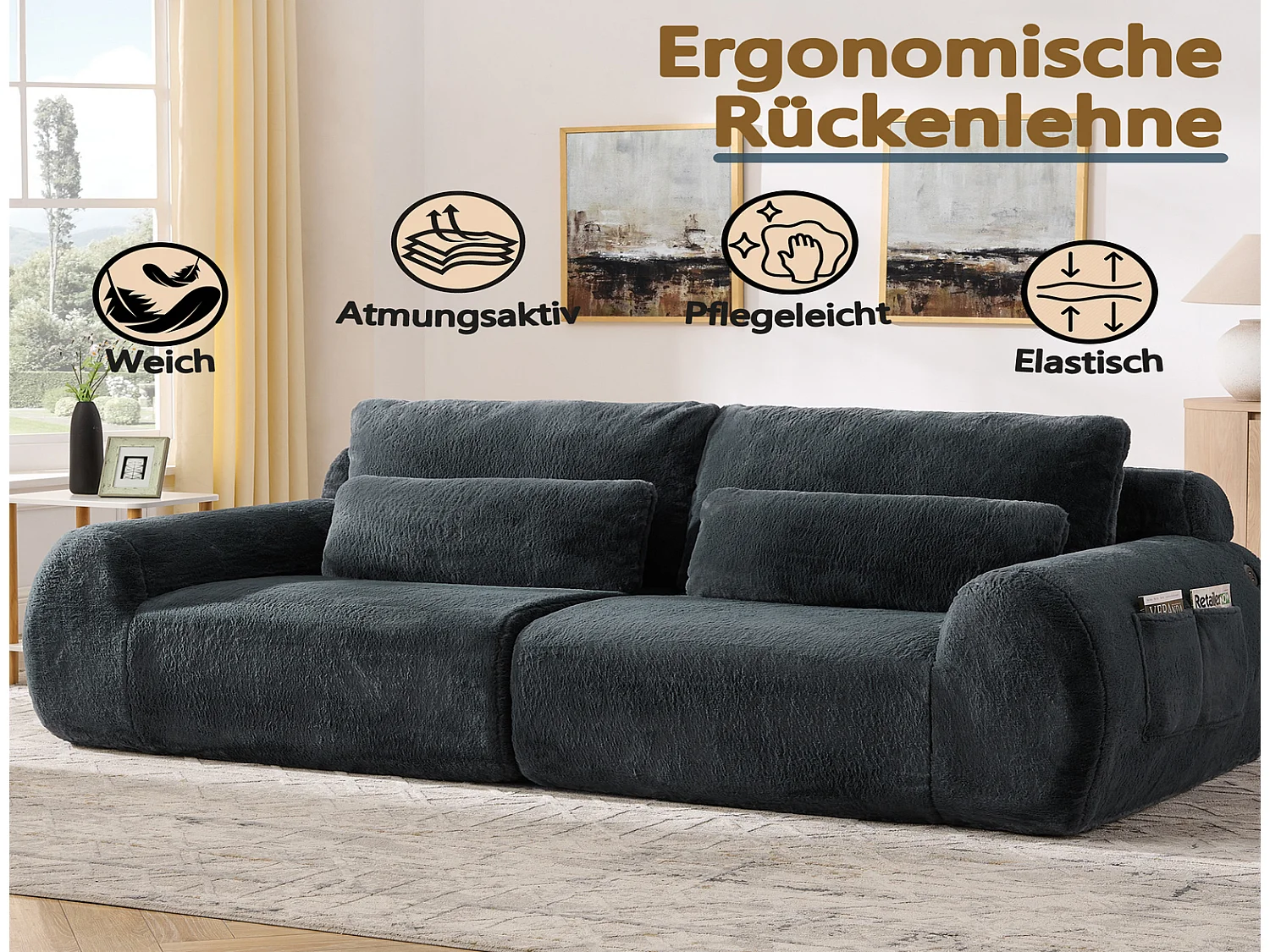 2-Sitzer Sofa grau Kunstfell Loveseat mit USB & Tasche, Kompaktes Sofa für kleines Wohnzimmer 150x85x80cm