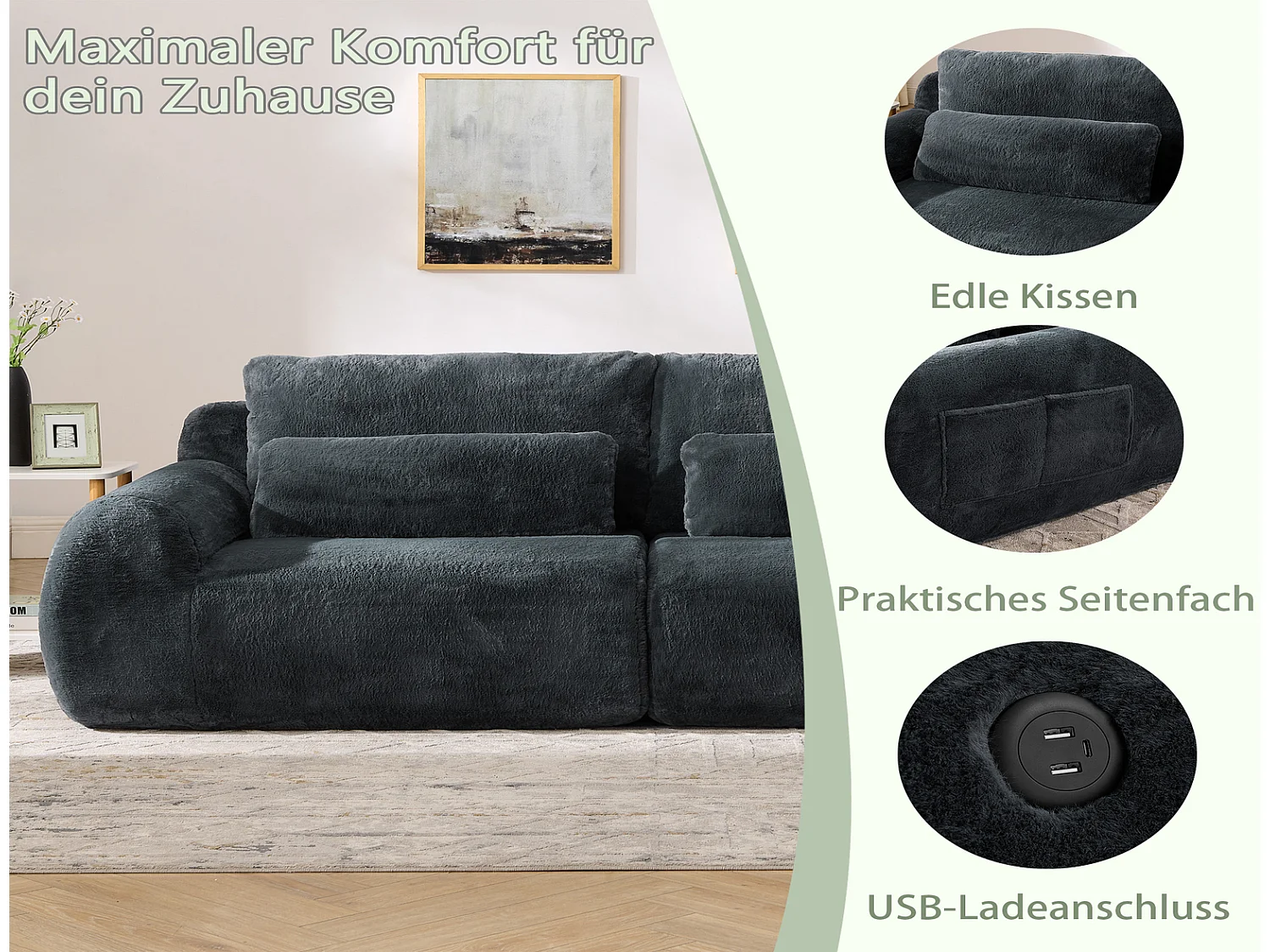 2-Sitzer Sofa grau Kunstfell Loveseat mit USB & Tasche, Kompaktes Sofa für kleines Wohnzimmer 150x85x80cm
