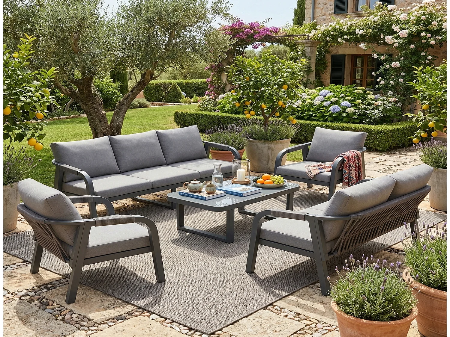Gartenmöbel Set 7 Personen grau, Gartenlounge Set mit 3-Sitzer, 2-Sitzer, 2 Sesseln & Glastisch, Metall