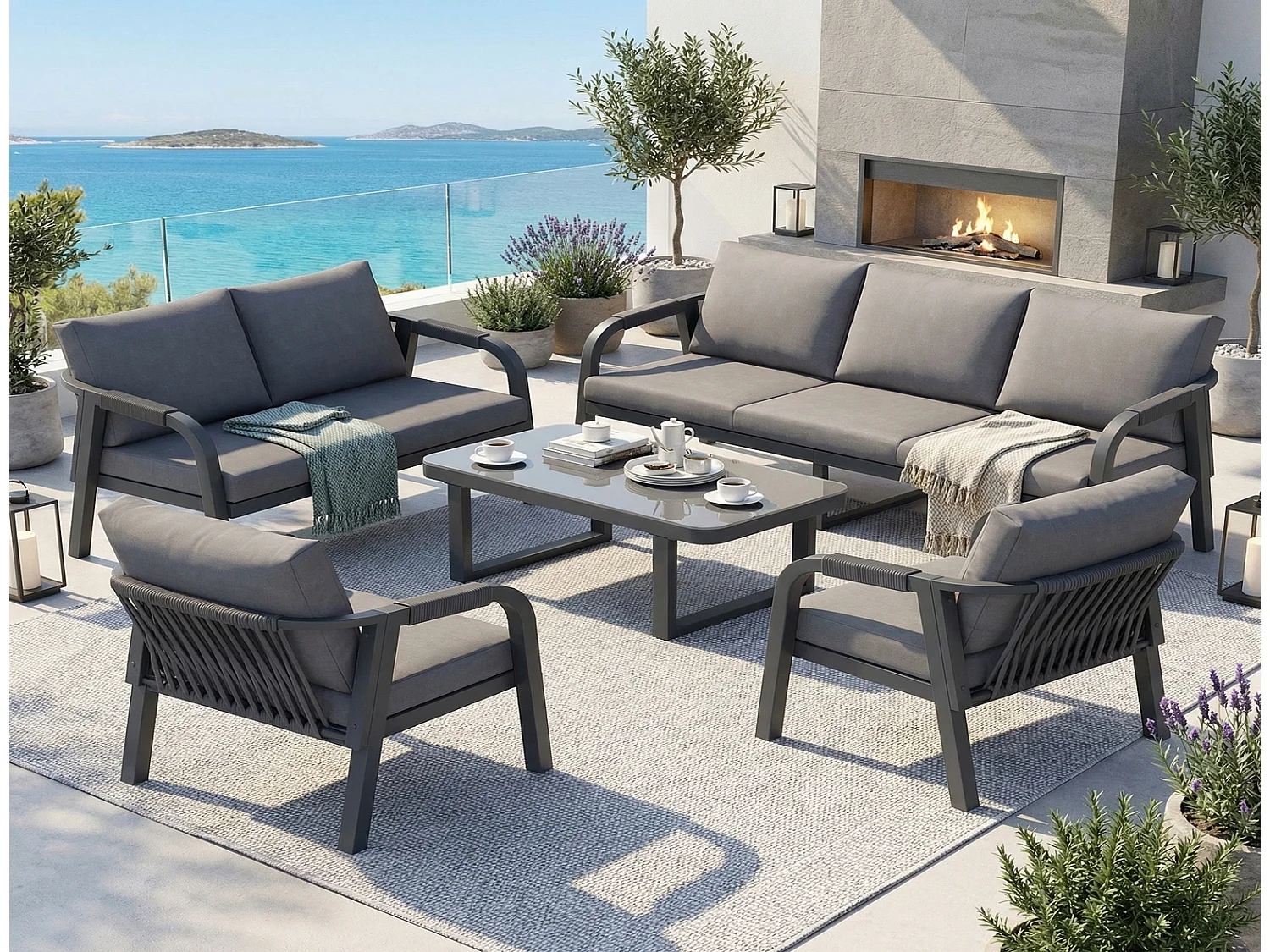 Gartenmöbel Set 7 Personen grau, Gartenlounge Set mit 3-Sitzer, 2-Sitzer, 2 Sesseln & Glastisch, Metall
