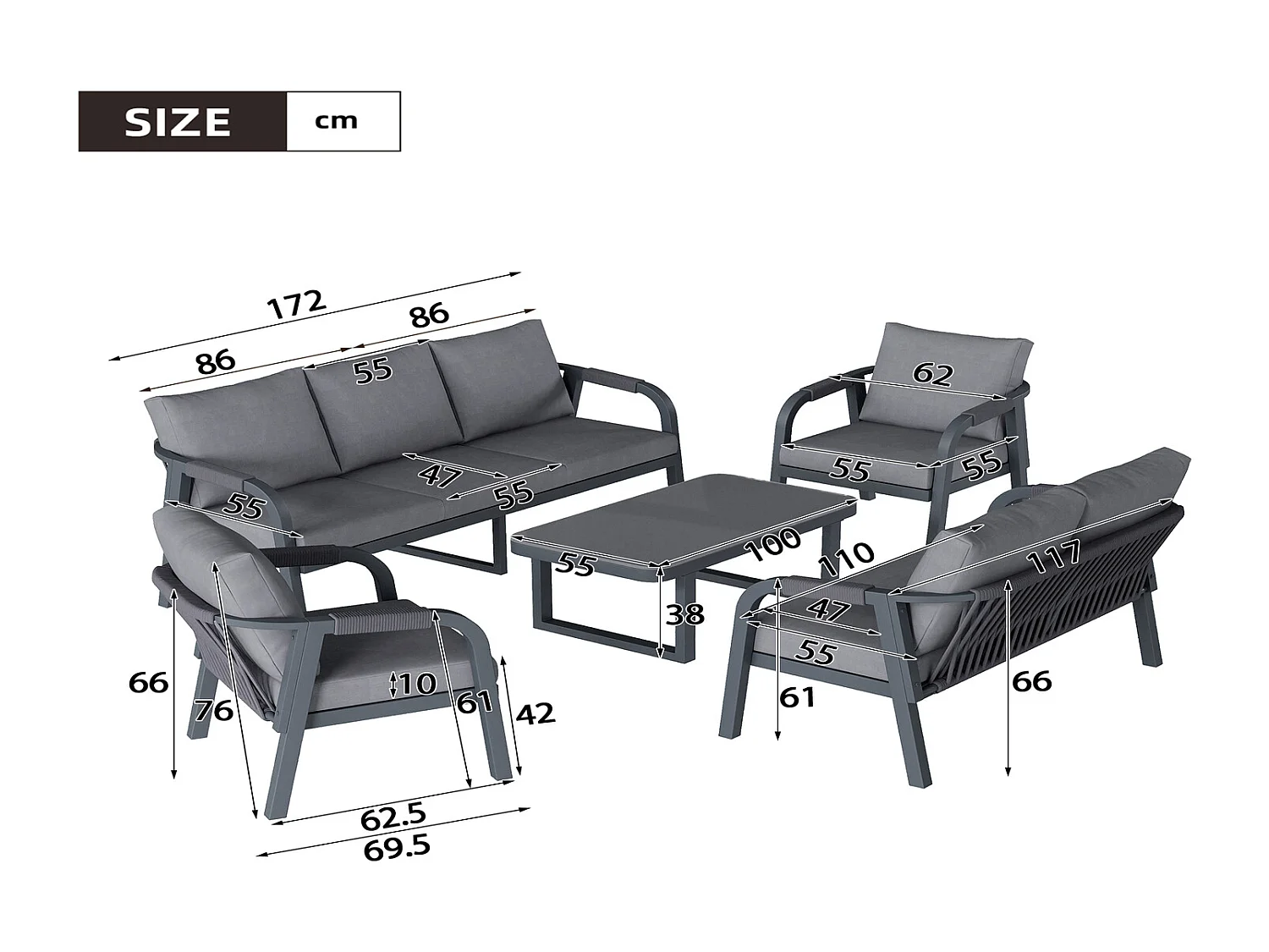 Gartenmöbel Set 7 Personen grau, Gartenlounge Set mit 3-Sitzer, 2-Sitzer, 2 Sesseln & Glastisch, Metall
