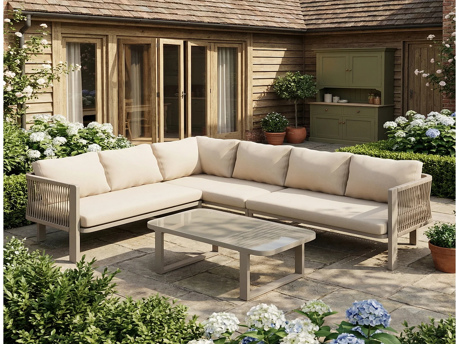 Gartenmöbel Set 6 Personen, Gartenlounge Ecksofa mit Esstisch, Bank und Stühlen, Glasplatte, khaki, 225x175x77 cm