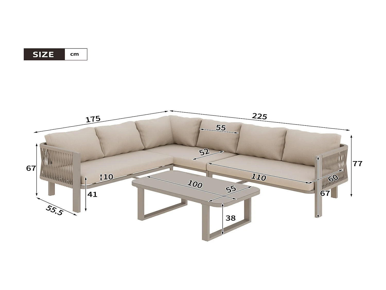 Gartenmöbel Set 6 Personen, Gartenlounge Ecksofa mit Esstisch, Bank und Stühlen, Glasplatte, khaki, 225x175x77 cm