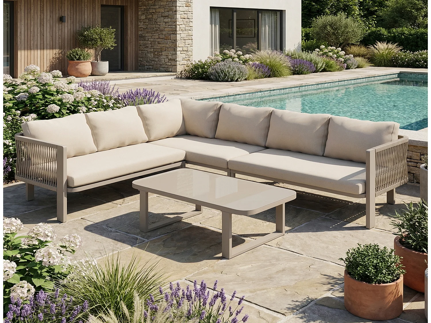 Gartenmöbel Set 6 Personen, Gartenlounge Ecksofa mit Esstisch, Bank und Stühlen, Glasplatte, khaki, 225x175x77 cm