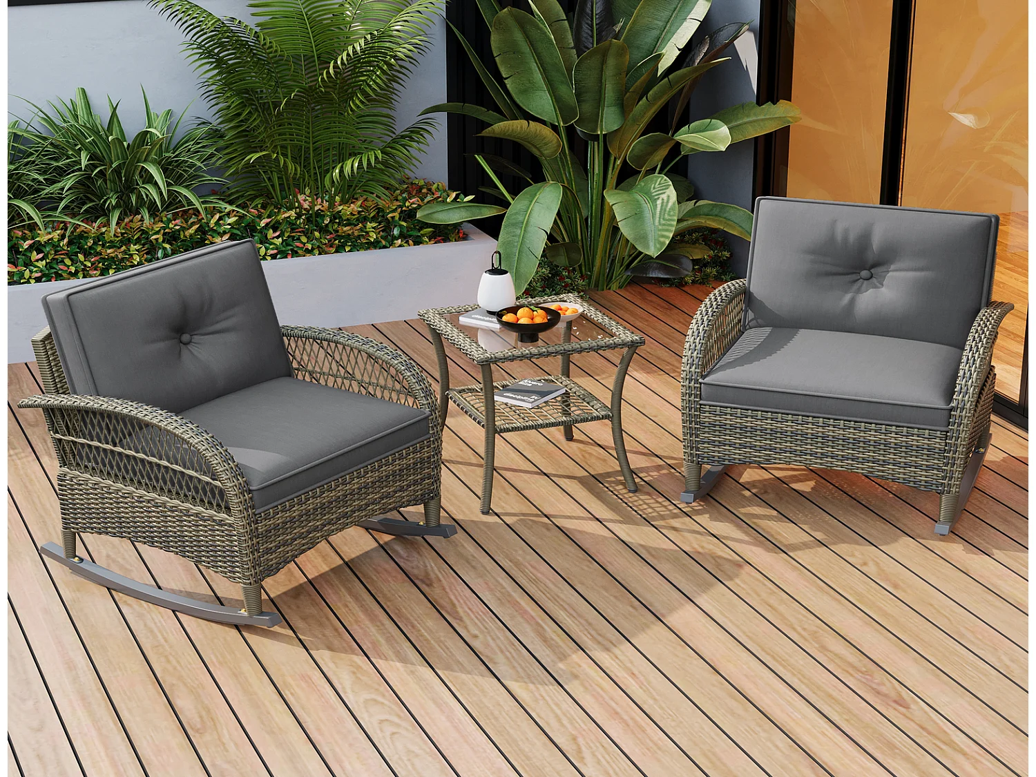 Rattan Balkonset 3-teilig, Schaukelstuhl Set mit Tisch, grauen Kissen, wetterfestes Bistro Set Balkon